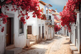 Fototapeta Uliczki - A narrow street lined with white buildings decorated with flowers