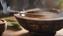 Closeup Traditional Incense Bowl Holds Smoldering Piece Resin Incense, Releasing Thick Aromatic Plume Smoke. Smoke Slowly Dissipates, Filling Room With Sweet Woody Scent, Creating