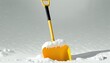 Yellow plastic shovel stuck upright fluffy pile white snow winter Picture copy space right tool season weather snowbank snowdrift shoveling object blizzard glac