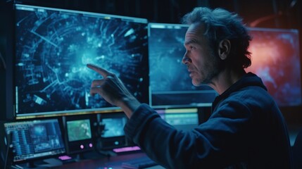 computer programmer touching virtual screen