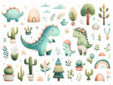 Fototapeta Dziecięca - Watercolor cute Dino set with trees, plants, and other elements on a white background.