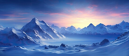 Poster - As the moon rises beyond the snow-capped mountains, the breathtaking winter landscape is bathed in a soft, ethereal light, transforming the serene white landscape into a stunning white and blue canvas