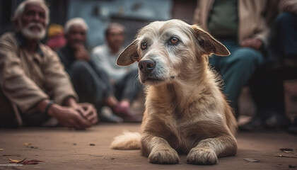 Poster - Playful puppy and loyal hound bring joy to family outdoors generated by AI