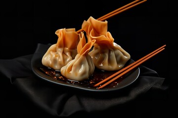 Wall Mural - A plate of dumplings sits on a black background, accompanied by chopsticks and a small dish of sauce. The dumplings are perfectly cooked, with a golden brown crust and a juicy filling.