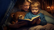 A mother reading a bedtime story book to her child at night