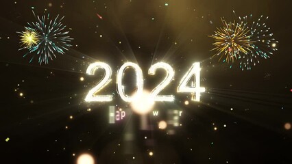 Poster - Happy New Year 2024 Glittering golden festival celebration concept Bokeh confetti fireworks on dark background