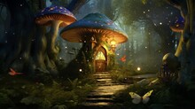 Enchanted Fairy Forest With Magical Shining Window In Hollow Tree, Large Mushroom With Bird And Flying Magic Butterfly Leaving Path With Luminous Sparkles