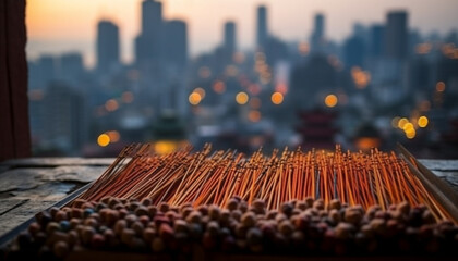 Canvas Print - Burning cityscape at dusk, incense and candle glow illuminating Buddhism generated by AI