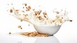 Falling crunchy muesli, bowl of oat granola with milk splashing isolated on white background
