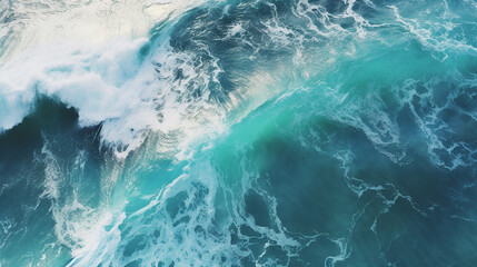 aerial view to waves in ocean splashing waves