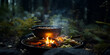 kettle on fire and meat,Campfire Cooking,Cooking Pot Near,Delicious and hot hunters stew on bonfire food,Gourmet Campfire: Delicious and Hot Stew on Bonfire Food,bonfire banquet, delicious and hot, 