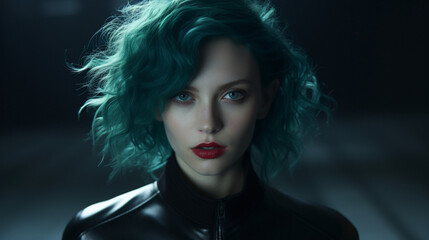 A woman with messy green hair and red lips wearing a black jacket