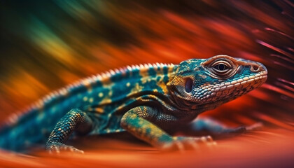 Poster - Vibrant gecko crawls on branch, its colorful scales shining generated by AI