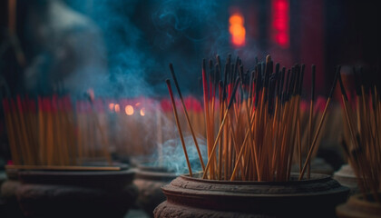 Wall Mural - Burning incense ignites spirituality, glowing candlelight illuminates religious ceremony indoors generated by AI