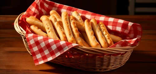 Wall Mural - A basket of warm, freshly baked garlic breadsticks, arranged neatly on a checkered red and white tablecloth.