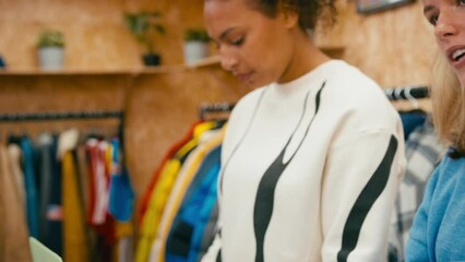 Wall Mural - Two female sales assistants working at cash desk with laptop in pop up fashion or clothes store with customers in background - shot in slow motion