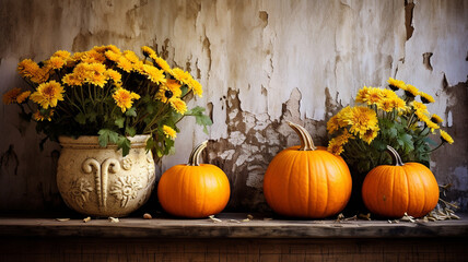 Canvas Print - Autumn pumpkins and flowers in the rustic style