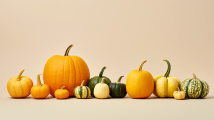 Wall Mural - assortment of pumpkins and squashes on a solid colored background
