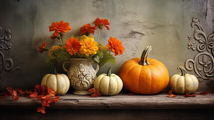 Wall Mural - autumn pumpkins and flowers in the rustic style