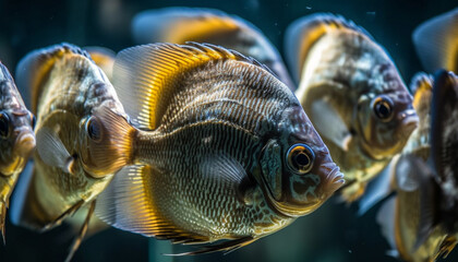 Sticker - Multi colored school of fish swimming in a tropical reef underwater generated by AI