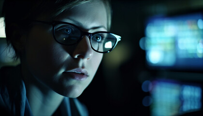 Sticker - Young adult woman with eyeglasses looking serious indoors at night generated by AI