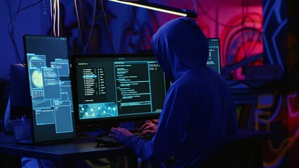Hackers in dark room running code to breach defenses and exploit weaknesses in computer systems. Evil developers in basement getting past companies security networks, handheld camera shot