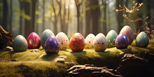 Colorful Easter Eggs And Flowers In The Grass In The Style Of Realistic Hyperdetailed Rendering ,Decorated Easter Eggs In The Grass With Daisies Generative Ai

