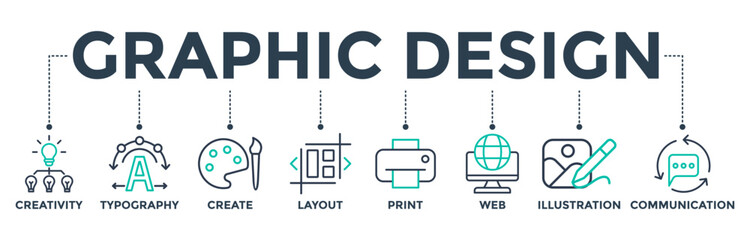 Graphic design banner web icon concept with icons of creativity, typography, create, layout, print, web, illustration, and communication. Vector illustration 