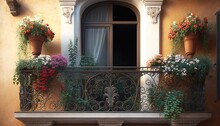 Classic Balcony Flowers Flower Exterior Residential Architecture Front Window Italian Decoration Square Green Spring Travel Italy Red Urban Pelargonium Summer Old Bloom Traditional Building Wall
