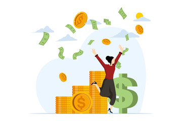 Concept of success in business. Happy business characters Celebrate Success And Make Big Profits. Dollar Coin Money Icon Background. Modern Business Illustration Vector.