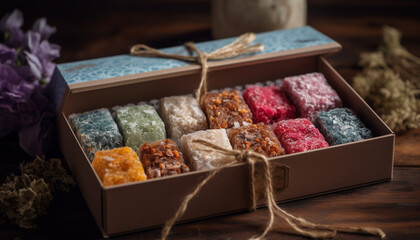 Sticker - Sweet food collection in rustic wooden box, a gourmet indulgence generated by AI