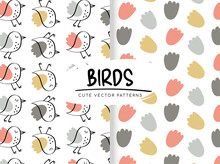 Seamless patterns with doodle birds and flowers. Fabric print for children,digital paper