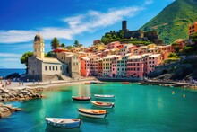 Vernazza village in Cinque Terre, Italy, view of famous travel landmark destination Vernazza,small mediterranean old sea town with harbour coast and castle, AI Generated
