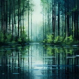 Fototapeta Sypialnia - a forest reflecting in calm waters