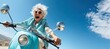 An elderly cheerful woman with gray hair rides a blue scooter and smiles. Generated by AI.