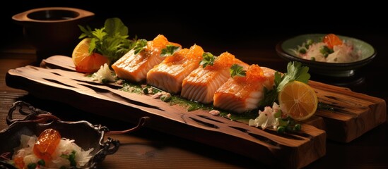 Poster - At the Japanese restaurant, the waiter meticulously arranged the vibrant orange fish sushi on a wooden plate, showcasing its appetizing texture, while the aroma of sizzling meat and vegetables cooking