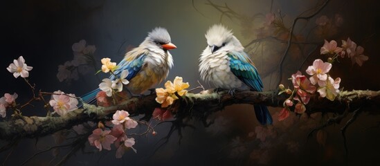 Wall Mural - In the serene park, amidst the lush greenery and vibrant flowers, a beautiful white bird couple danced with grace, their cute feathers shining colorful hues of blue and green, captivating all who
