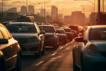 Cars on road highway in traffic jam. Cars in rush hour with traffic at dawn. City Traffic congestion. traffic jams in the city, road, rush hour