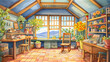 Watercolor illustration of contemporary art studio room  with flower, plant and natural light.  