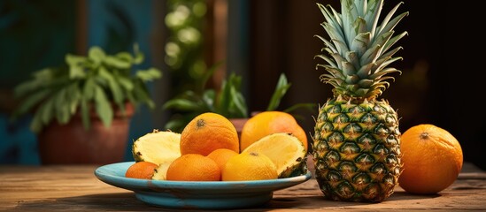 Wall Mural - On the table, amidst the vibrant colors of nature, sat a juicy pineapple beside a bowl of tropical fruits, exuding freshness and health. With its refreshing green and blue hues, it added texture to