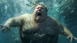Fat man trying to swimming in the swimming pool underwater background for fat burning and weight loss.