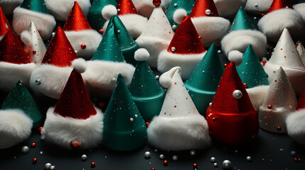 Wall Mural - Background of Santa hats and Christmas hats - banner - green and red photo splash - holiday spirit 