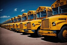 Yellow School Buses Row Bus Education Transportation Parked Children Public Vehicle Parking Front Ride Student Transport Lot Stop American Drive Elementary Safety Autumn Background Day Fall Road