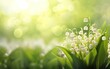 Happy start of spring poster. Lily of the valley on blurred green background. Bokeh, de focus, copy space. Small spring flowers growing in the garden. Fresh spring sale banner design. AI Generative.