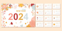 Floral Calendar Template For 2024 . Horizontal Design With Abstract Colorful Flowers. Vector Illustration Template Printable Desk Calendar. Week Starts On Monday.
