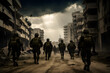 silhouette shot of Israeli soldiers in uniform patrolling streets