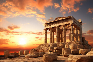 the scenic landscape view of an ancient greek rock temple with doric column ruin in the evening twil