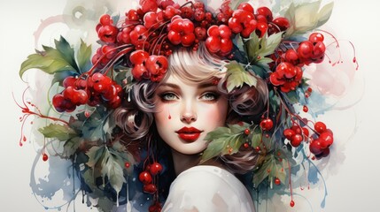 Poster -  a painting of a woman with red berries on her head and a wreath of leaves on her head, with red berries on her head, on a white background.