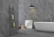 Interior of a luxurious bathroom with grey marble flooring and walls. White bathtub next to window with a view of the backyard, fresh plant for some fresh air, and other toiletries. 3D Rendering