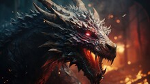 Red Dragon Breathing Fire. Mythology Creature. Dark Fantasy Illustration